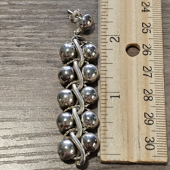 Vintage Silver Tiered Twisted Cluster Bead Post Back Dangle Earrings - Picture 3 of 4